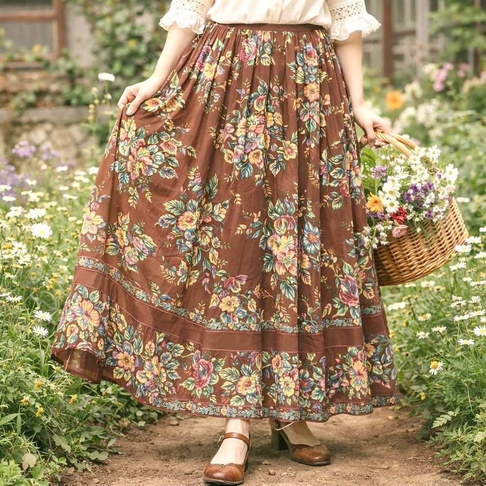 April Cornell Maxi Skirt S Scarborough Georgette Brown Fall Floral Cottagecore